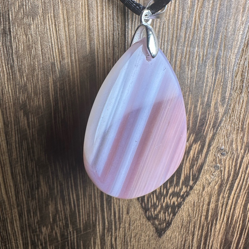 Pink Teardrop Agate Pendant Necklace with Black Cord - Picture 10 of 12
